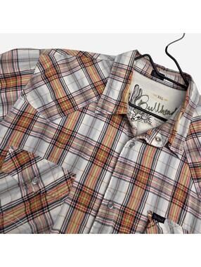 Y2K Bullhead white, brown, and beige plaid button up shirt